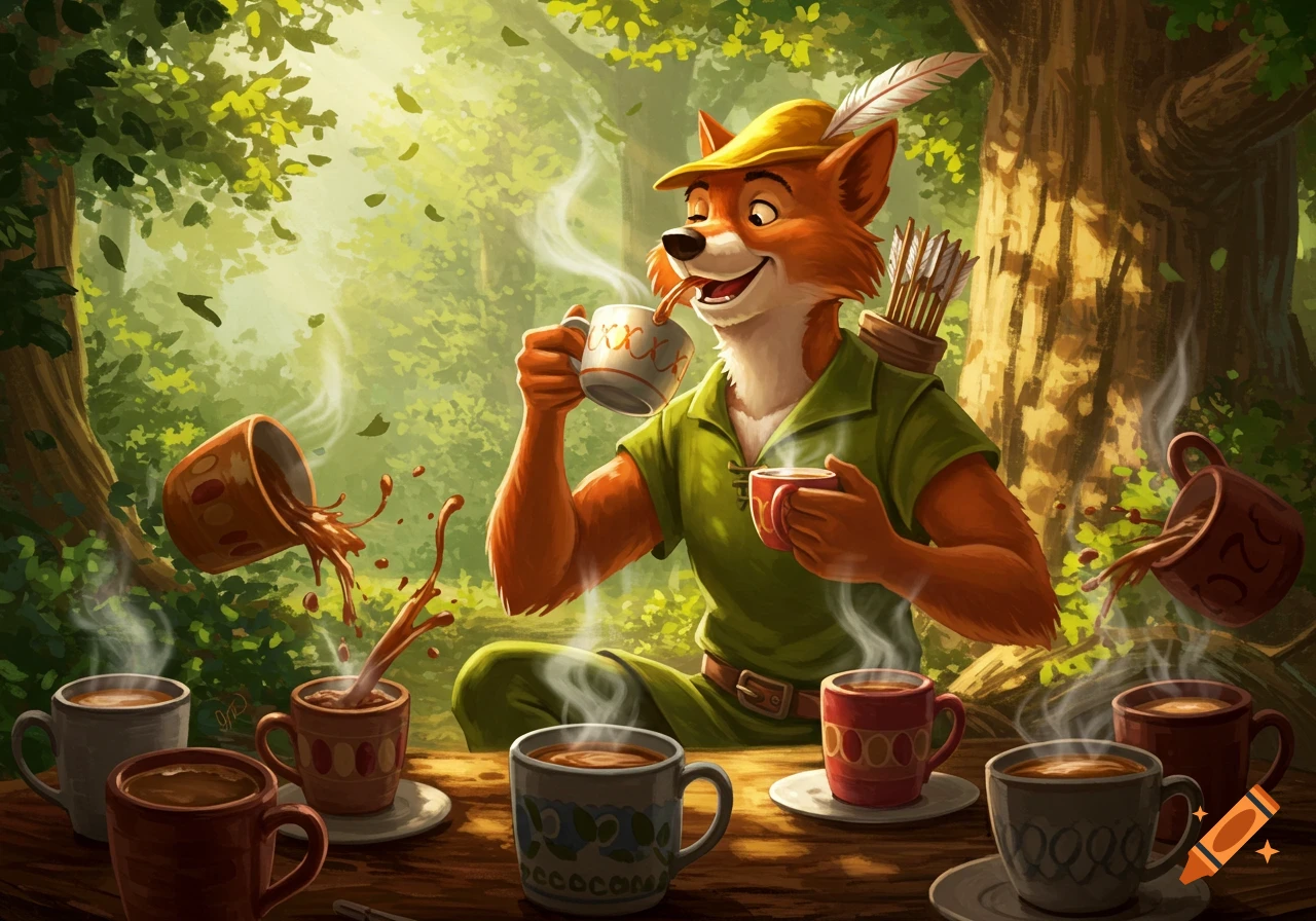 Anthropomorphic fox in Robin Hood outfit sits drinking from many coffee cups in a forest.