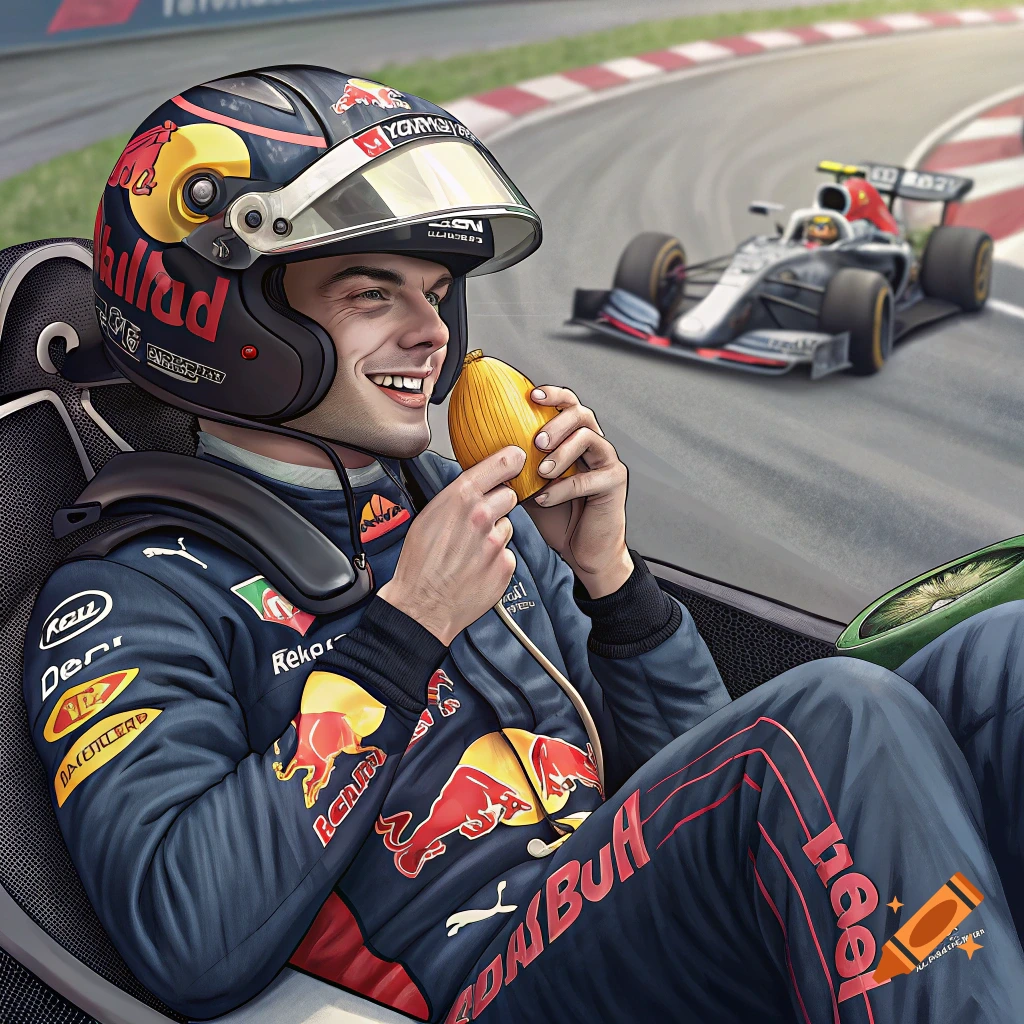 Smiling man in a racing suit and helmet eats fruit in a car with a race car on track in background.