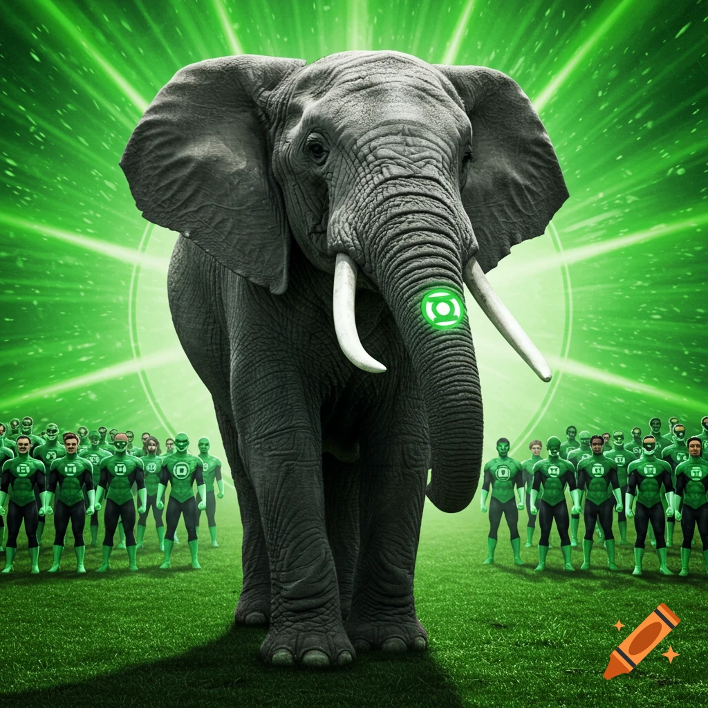 An elephant with a glowing Green Lantern symbol on its trunk stands before a group of Green Lanterns on grass.