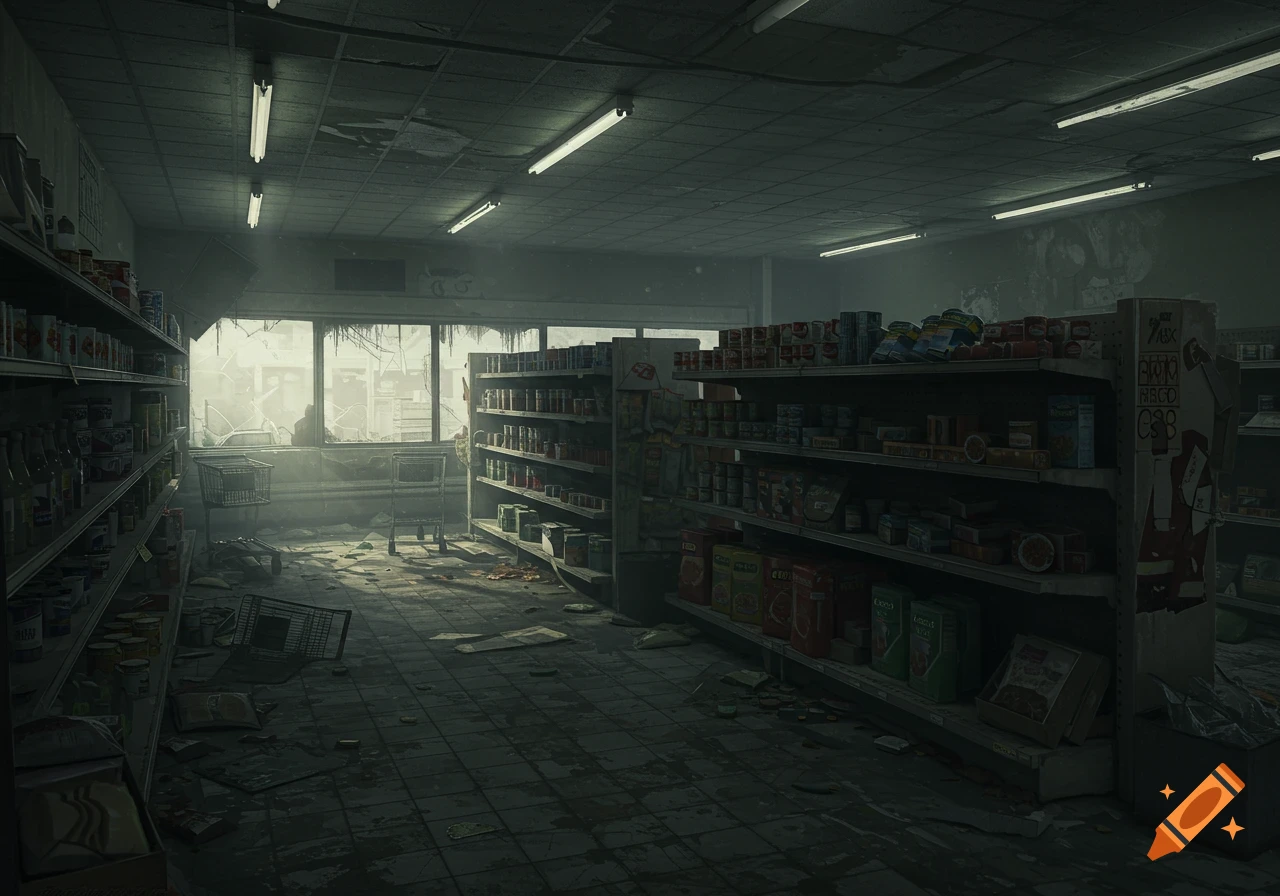 Dark abandoned grocery store interior with debris on floor, stocked shelves, and broken windows