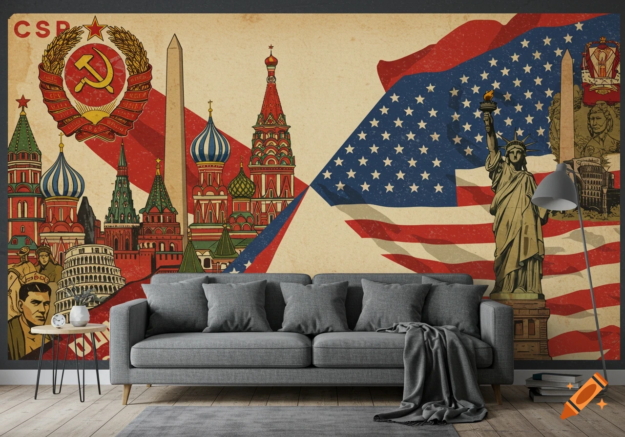 Vintage style wallpaper split between USSR and US landmarks and symbols, with a sofa in the foreground.