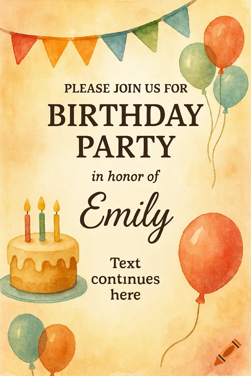 Watercolor birthday invitation with cake, balloons, and text.
