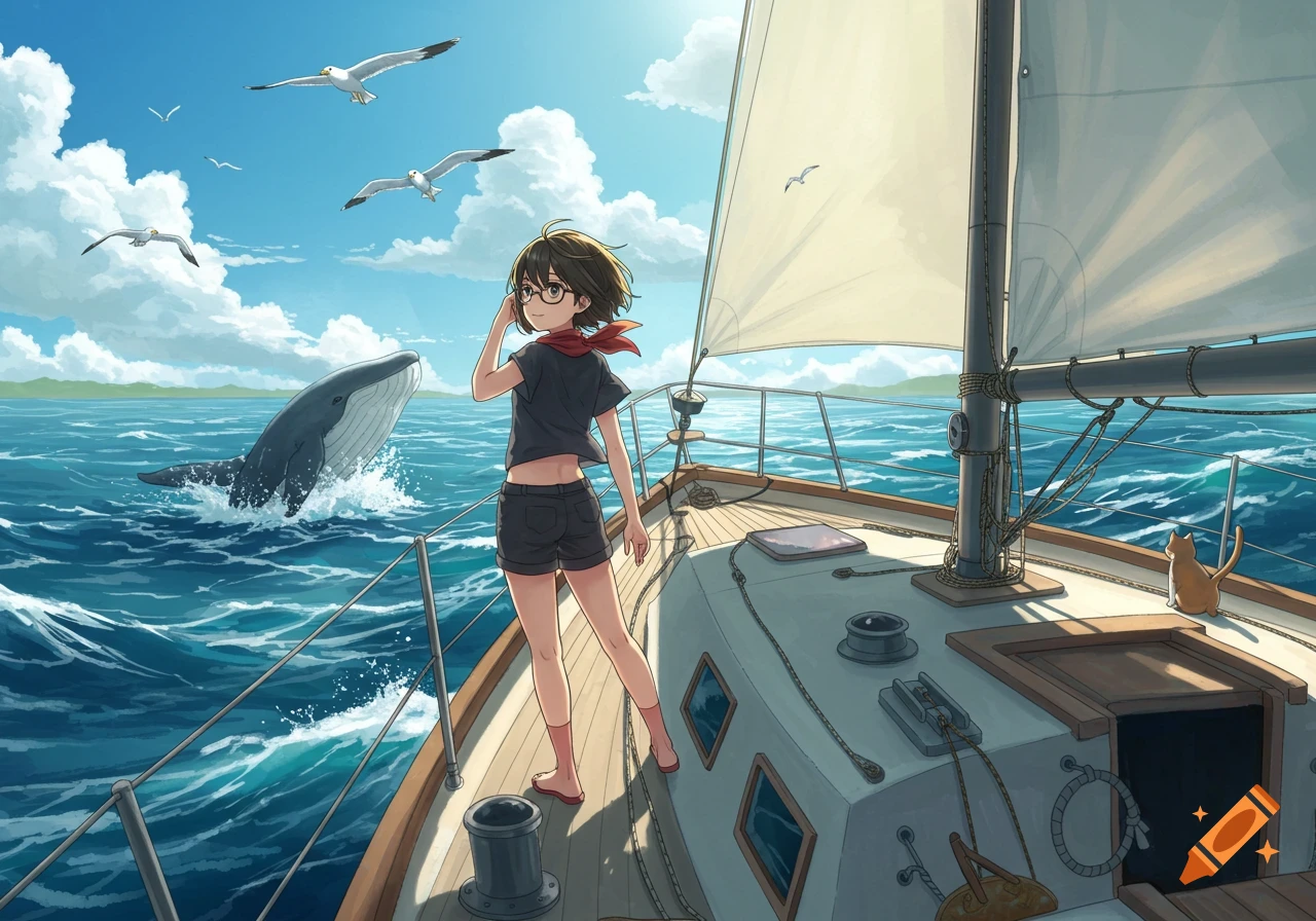 Anime girl on a sailboat watches a whale breach the sunny sea, with seagulls flying and a cat on deck.