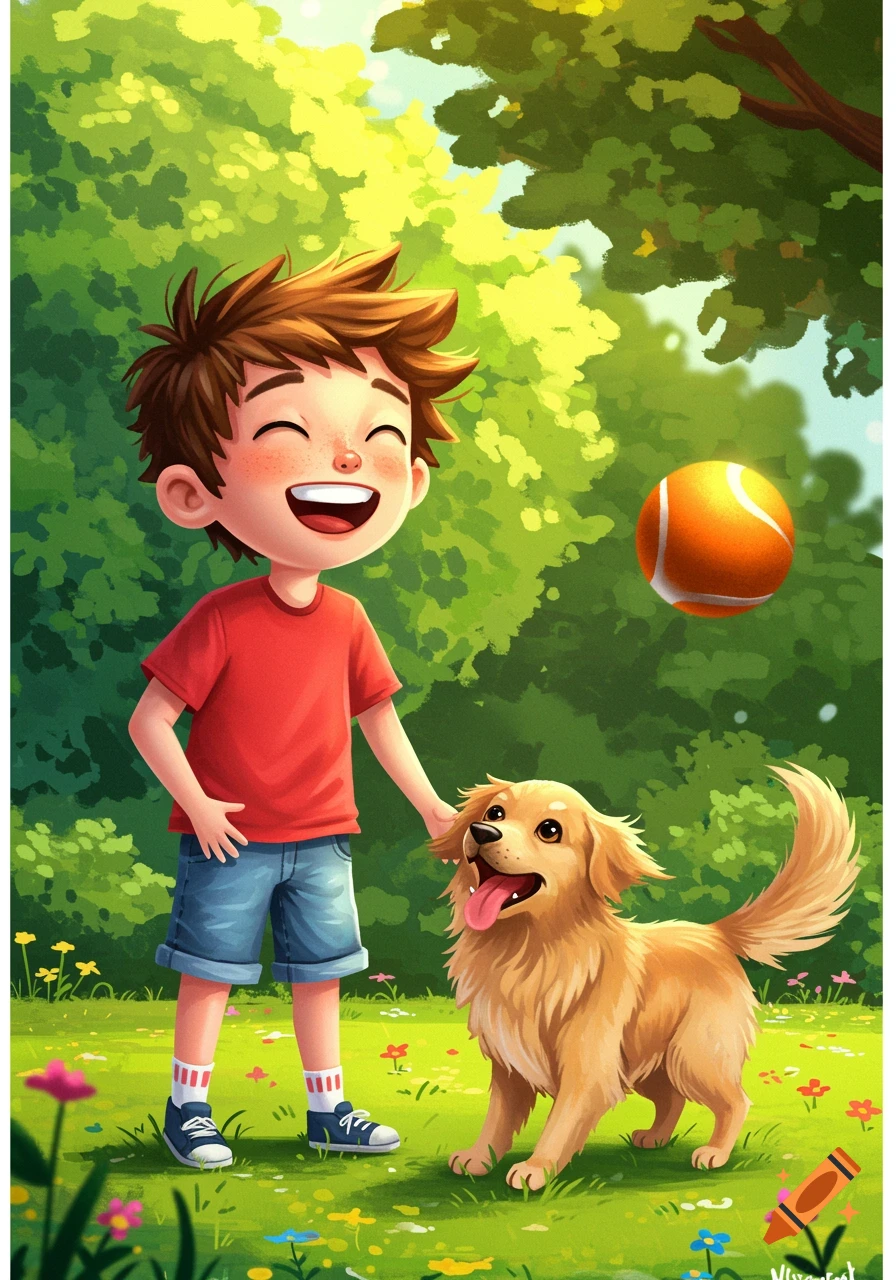Cartoon illustration of a happy boy and a golden retriever dog playing with a ball in a park.
