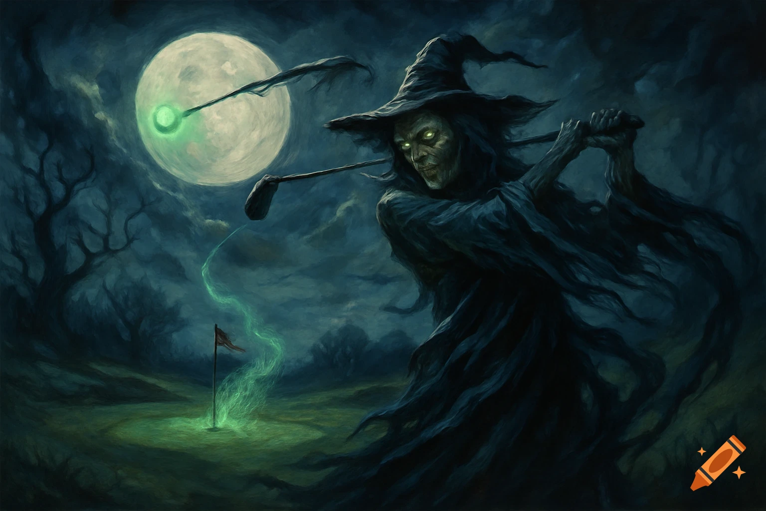 A spooky witch wearing a pointed hat swings a golf club at a glowing green ball under a full moon in a dark, painterly style.