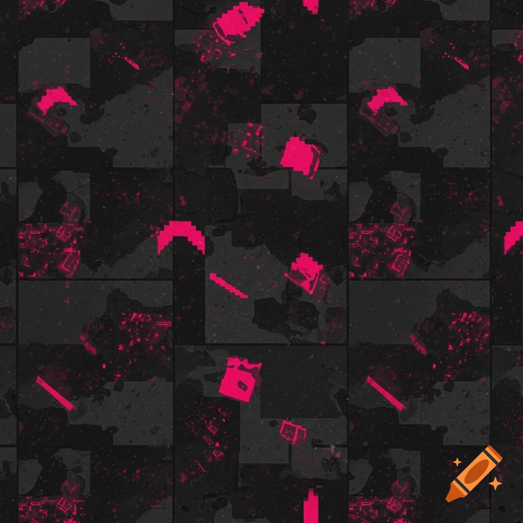 Abstract pattern with dark gray and black blocks and bright pink pixelated shapes, 90s arcade style.