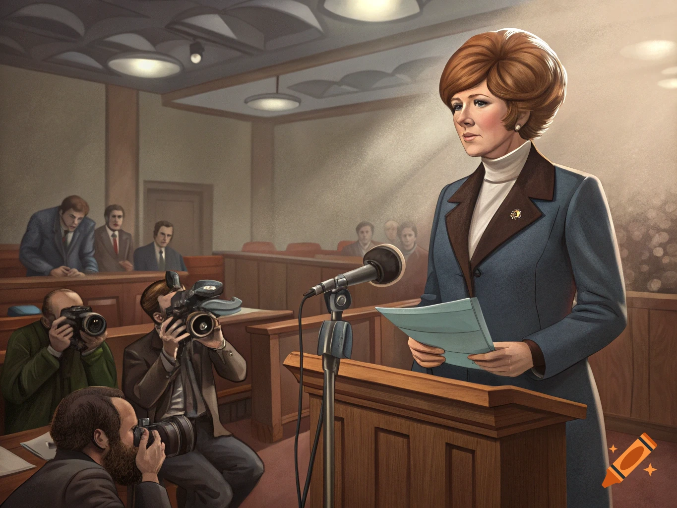 Illustration of a woman speaking at a podium with photographers at a press conference.