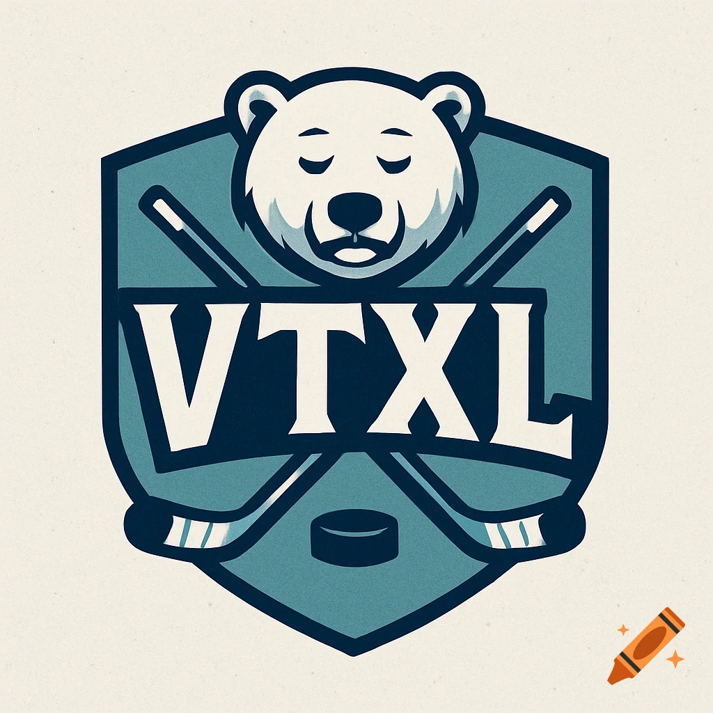 Logo for a hockey league called VTXL, featuring a polar bear head, crossed hockey sticks, and a puck in a shield shape.
