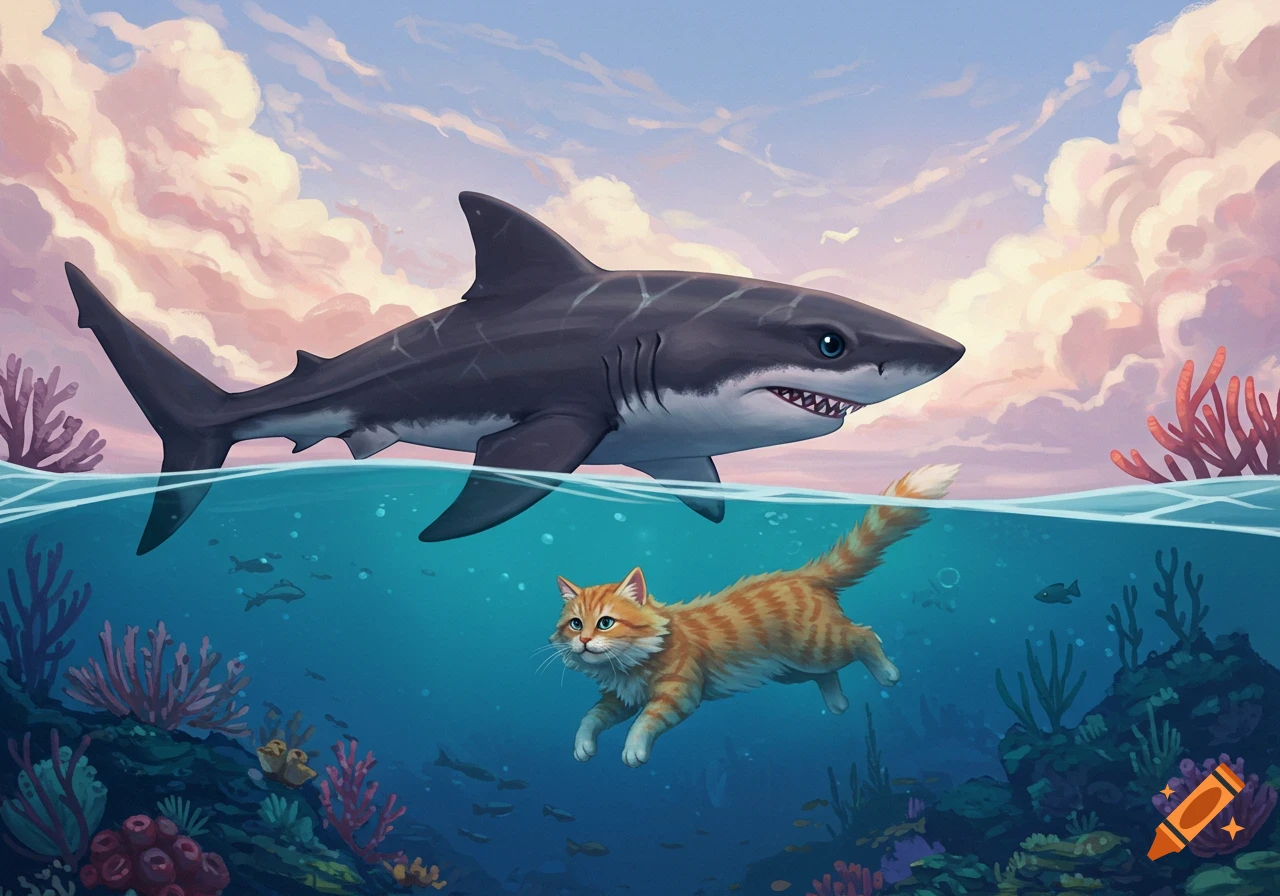 A cartoonish shark swims above an orange cat underwater in the ocean with coral.