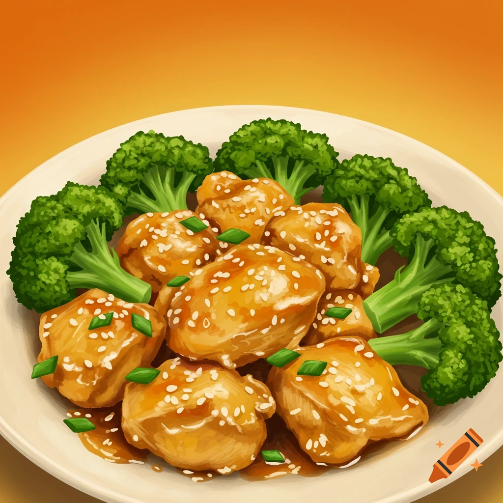 Close-up illustration of broccoli chicken with sesame seeds and green onions on a plate.