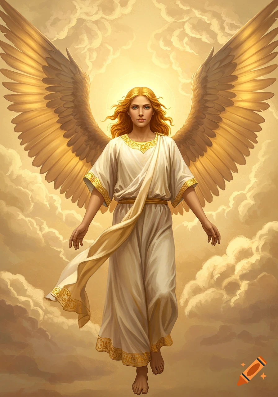 An angel with large golden wings stands in the clouds. on Craiyon