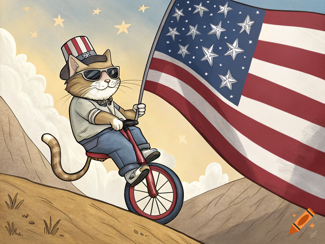 A cartoon cat in a top hat and sunglasses rides a cycle down a hill, holding a large American flag.