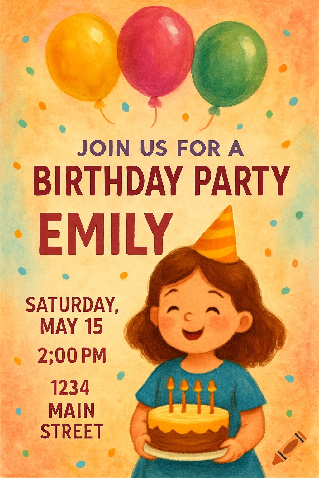 Watercolor illustration of a girl holding a cake on a birthday invitation with balloons and text.
