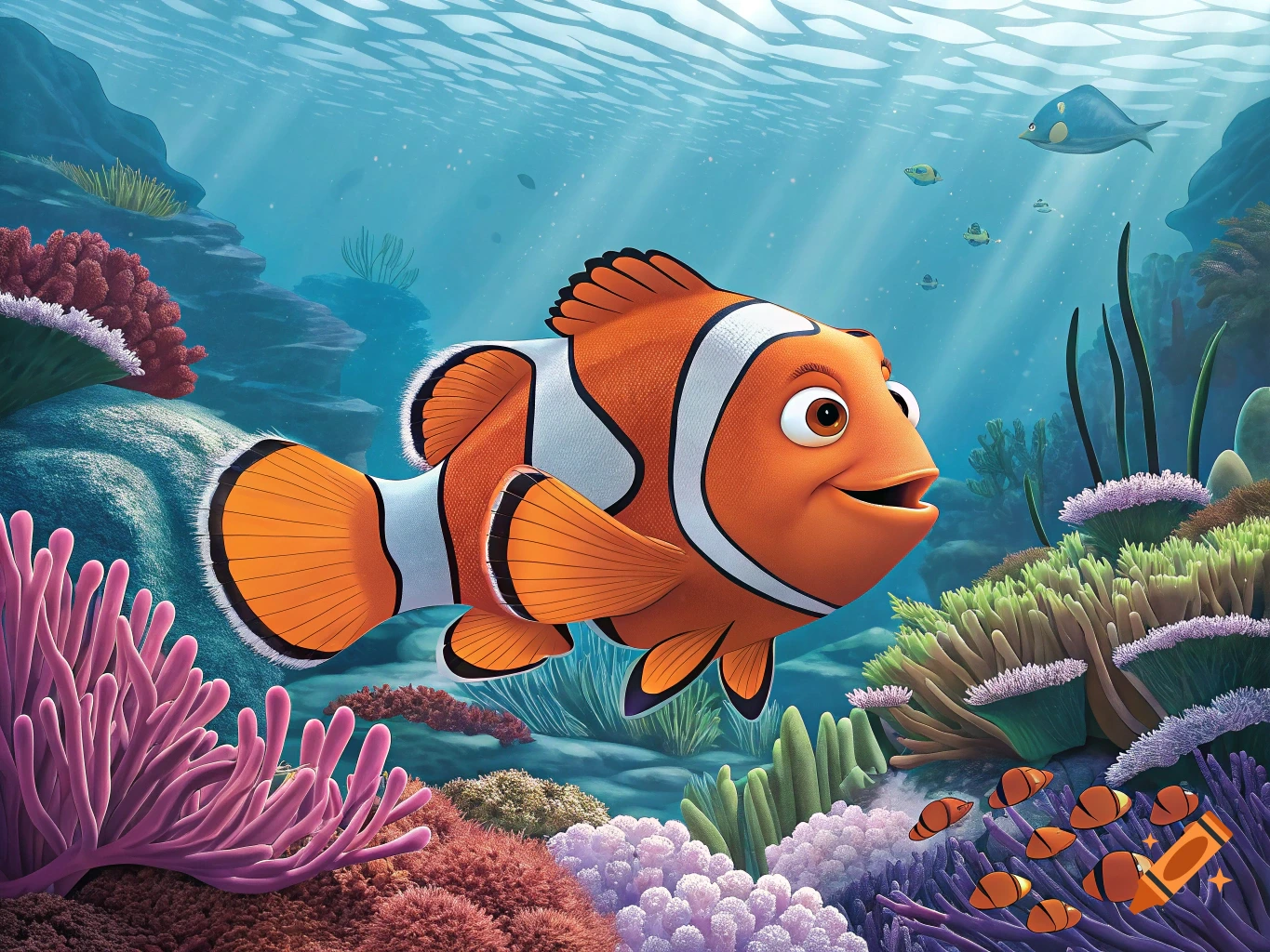 A cartoon clownfish swims among colorful coral and anemones in an underwater scene.