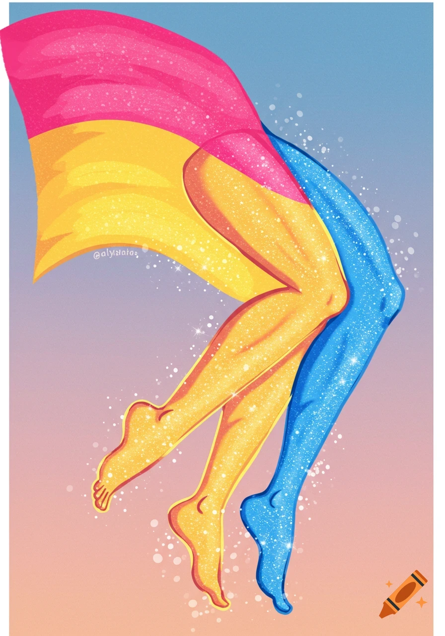 Illustration of legs in the colors of the pansexual pride flag (pink, yellow, blue) with glitter effect