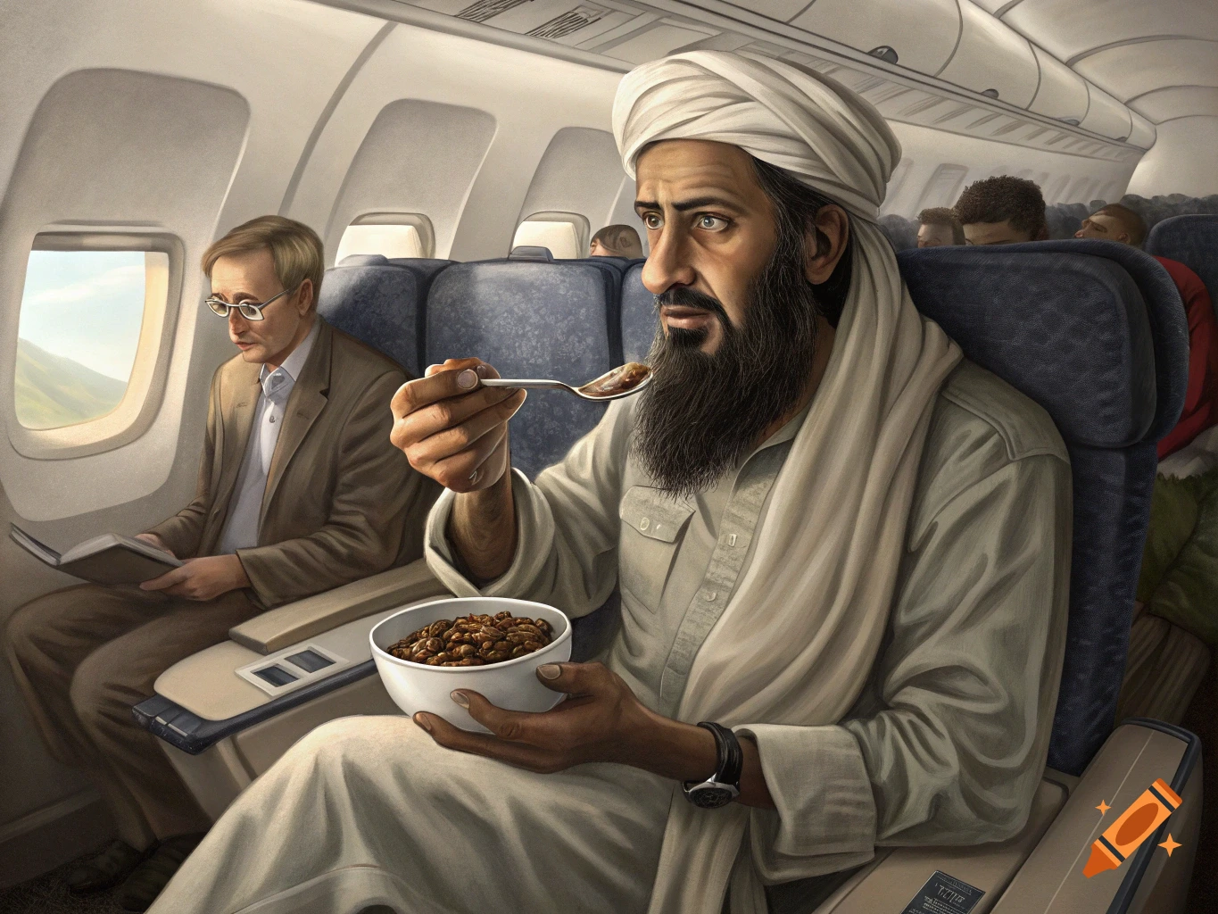 A man with a long beard and turban eats cereal with a spoon on an airplane. Another man reads a book nearby.
