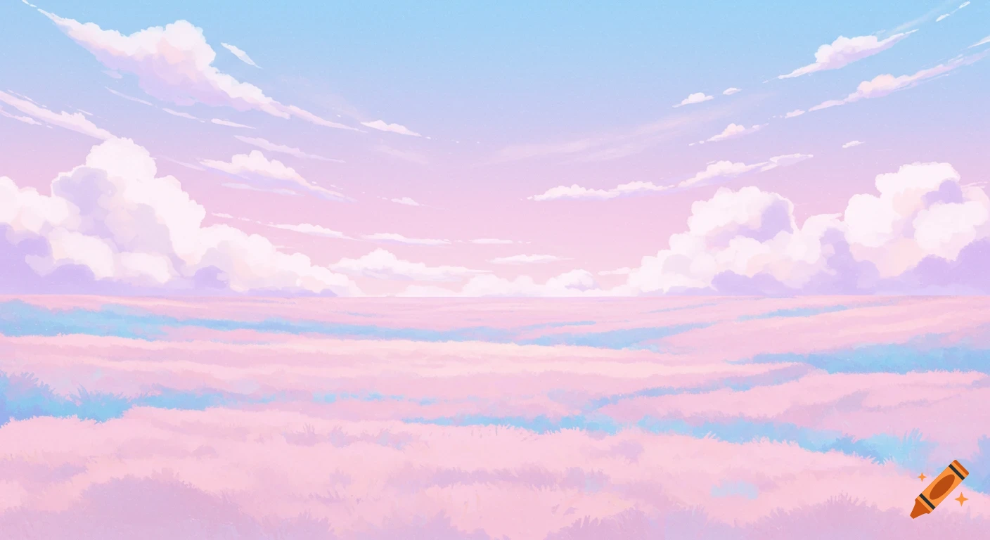 A pastel dreamcore landscape with a field of pink and blue under a pink and purple sky with fluffy clouds.