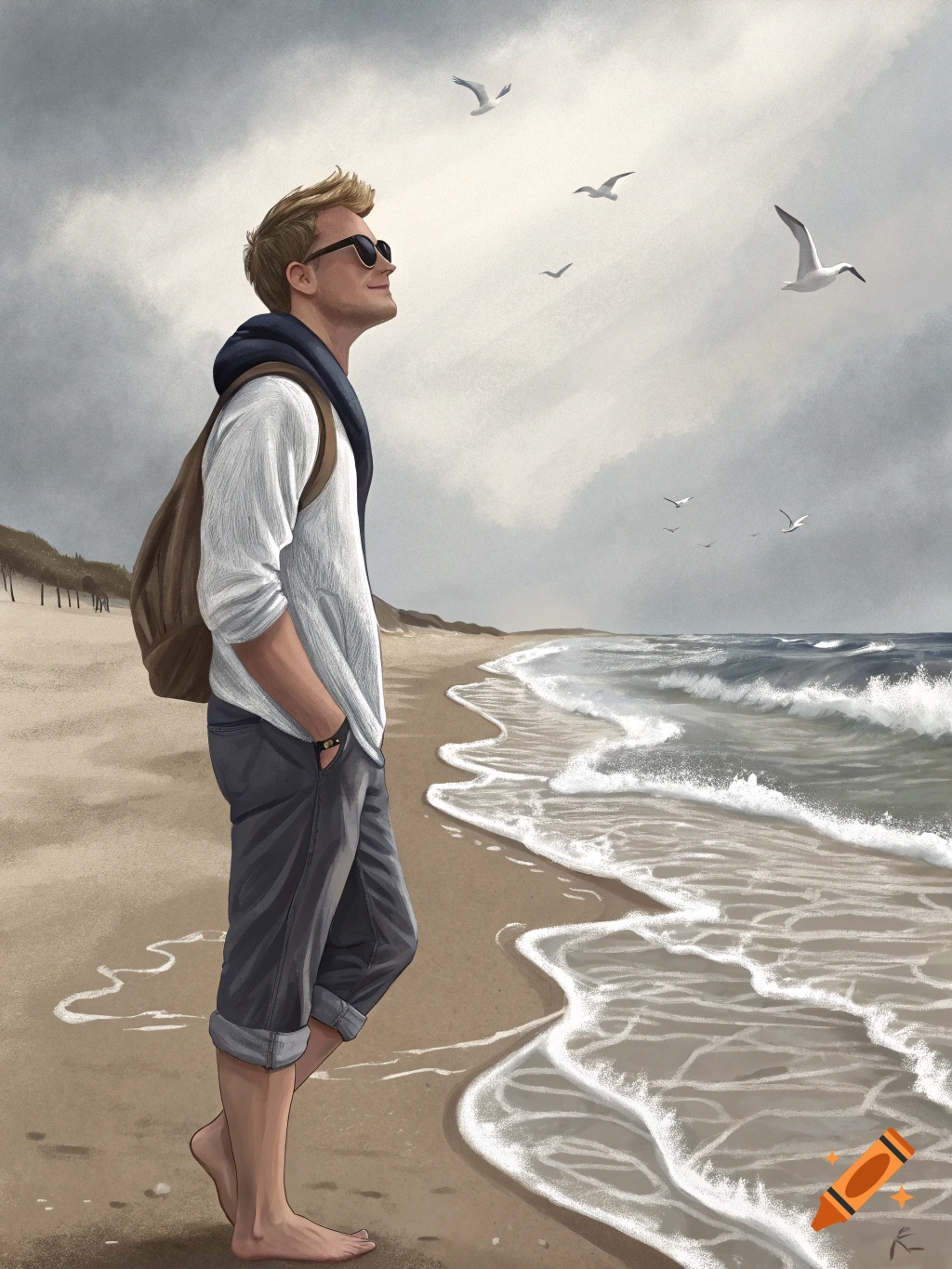 An illustration of a man standing on a beach, looking up at seagulls flying under a cloudy sky.