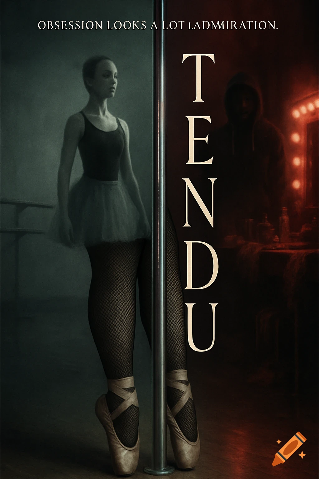Moody movie poster split between ballet studio and dressing room, featuring dancer's legs with pointe shoes and pole, blurry figures.