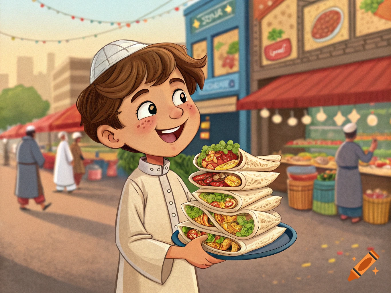 Illustration of a happy boy in a market holding a plate stacked with shawarmas.