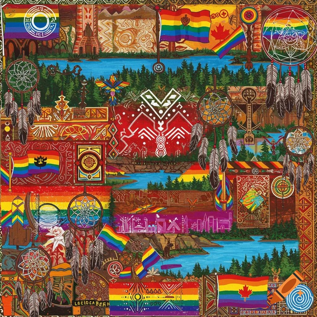 Collage of Indigenous Canadian and LGBTQ+ symbols, flags, dreamcatchers, and landscapes in an illustrative style.