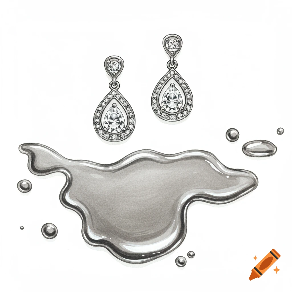 Sketch illustration of diamond earrings and a puddle of liquid silver.