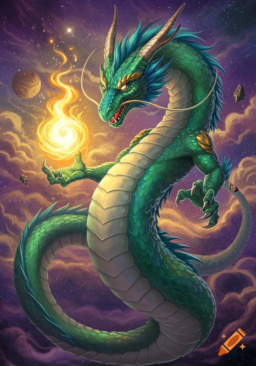A green fantasy dragon holding a fire orb in a cosmic sky.