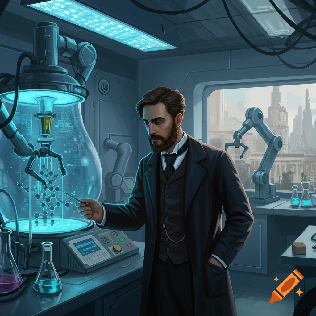 Victorian scientist in a futuristic lab pointing at a molecular experiment.