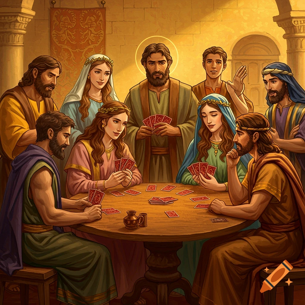 Biblical characters playing cards around a table, illustration.