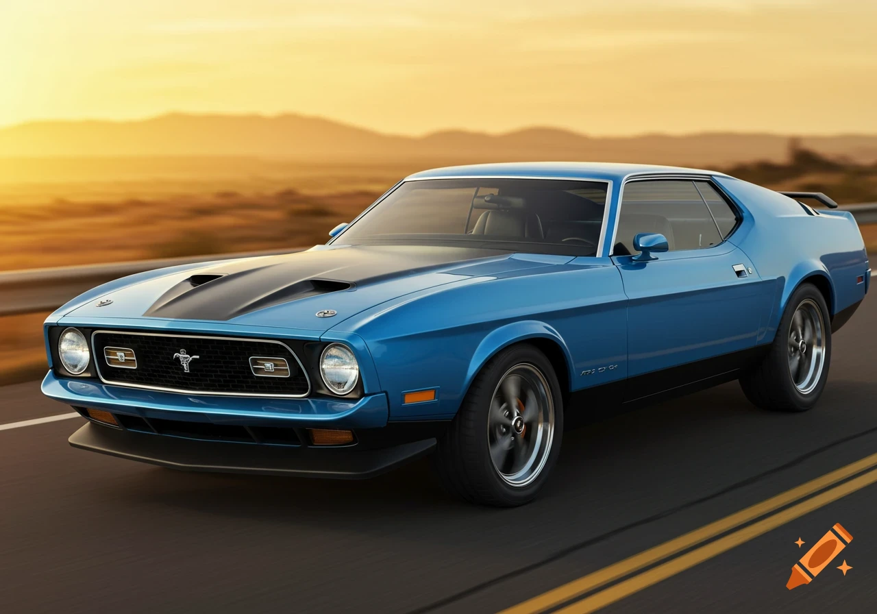Blue classic Mustang Mach 1 driving on a road at sunset.
