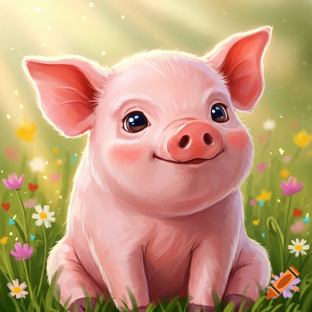 A cute cartoon pig sits in a field of colorful flowers.
