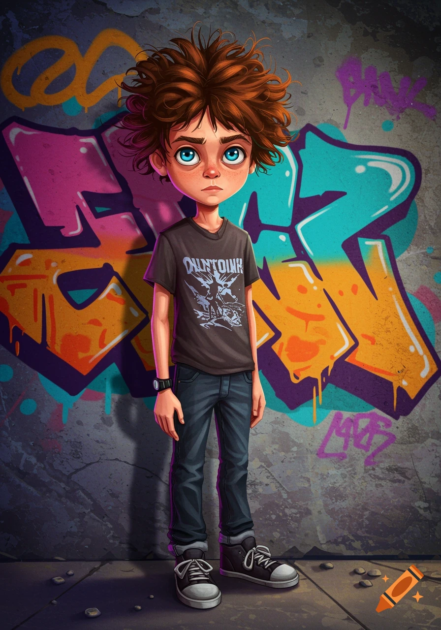 A stylized cartoon boy stands in front of a colorful graffiti wall.