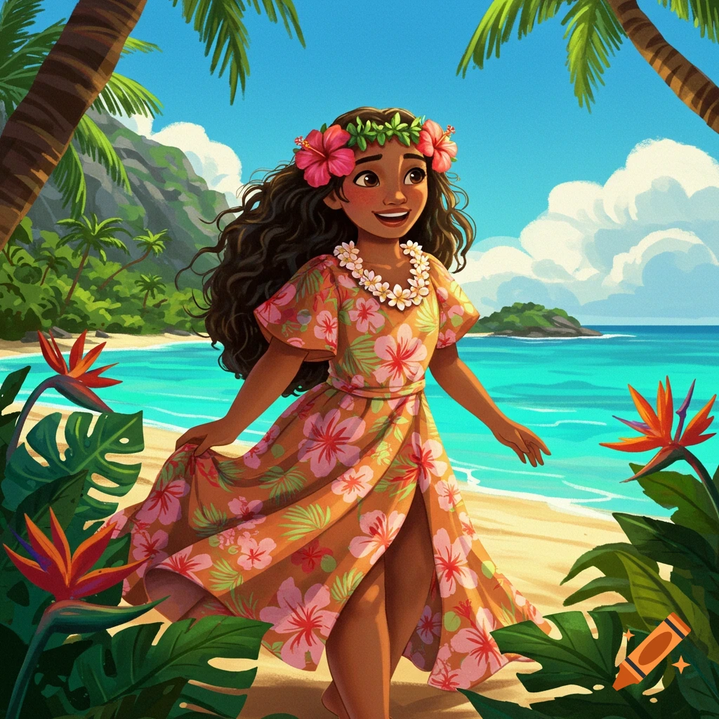 Illustration of a smiling young woman in a floral dress walking on a tropical beach with palm trees and flowers.