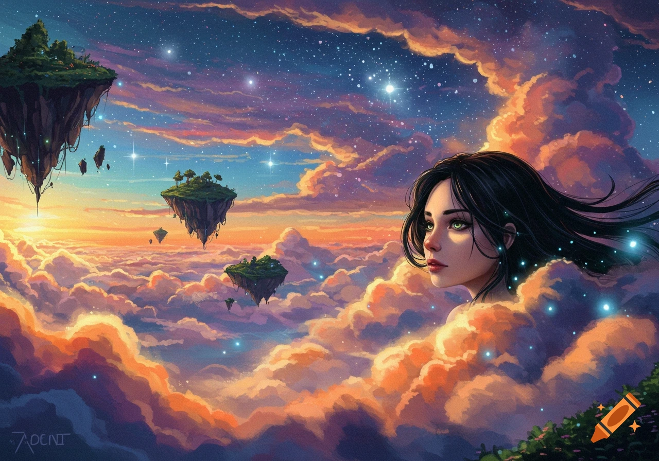 Woman's face in clouds with floating islands in a starry, sunset sky.