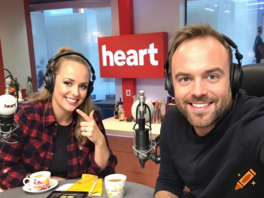 Two smiling people wearing headphones in a radio studio with a 'heart' logo.