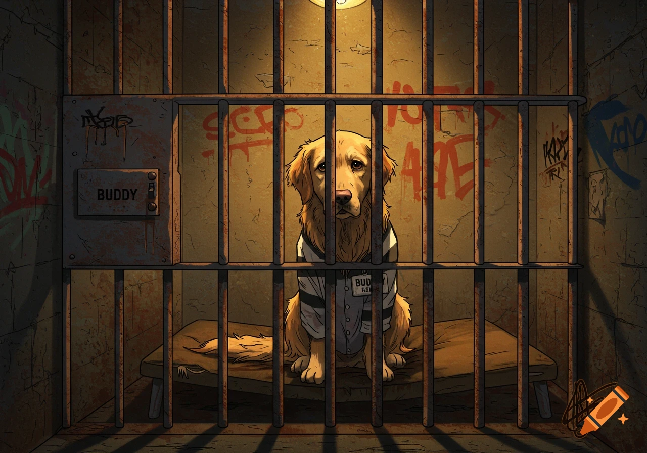 A cartoon illustration of a golden retriever dog sitting in a prison cell, wearing a striped shirt.