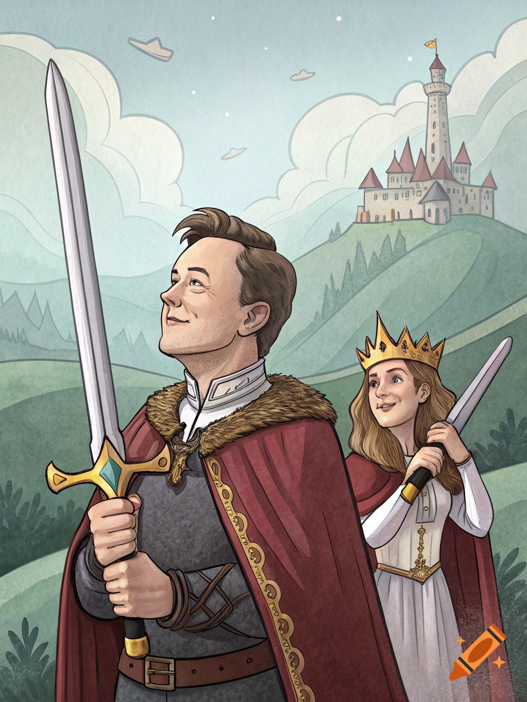 Cartoon of a king holding a sword and queen with a sword, standing on a ...