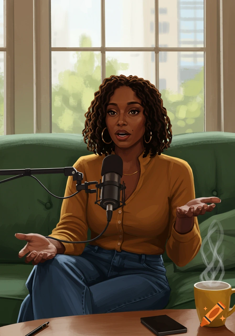 Illustrative portrait of a Black woman with braided hair sitting on a couch, talking into a podcast microphone.