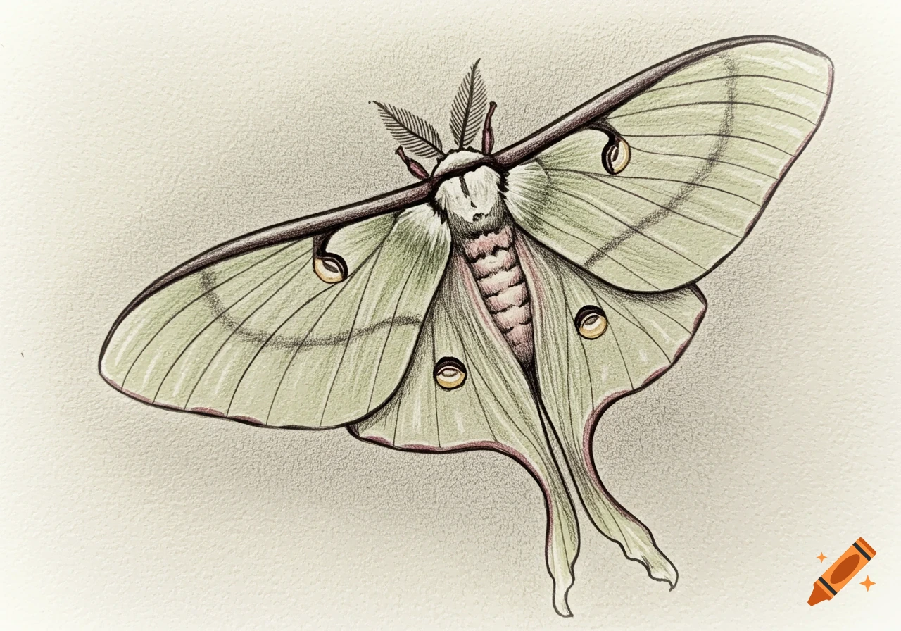 Colored pencil sketch of a luna moth