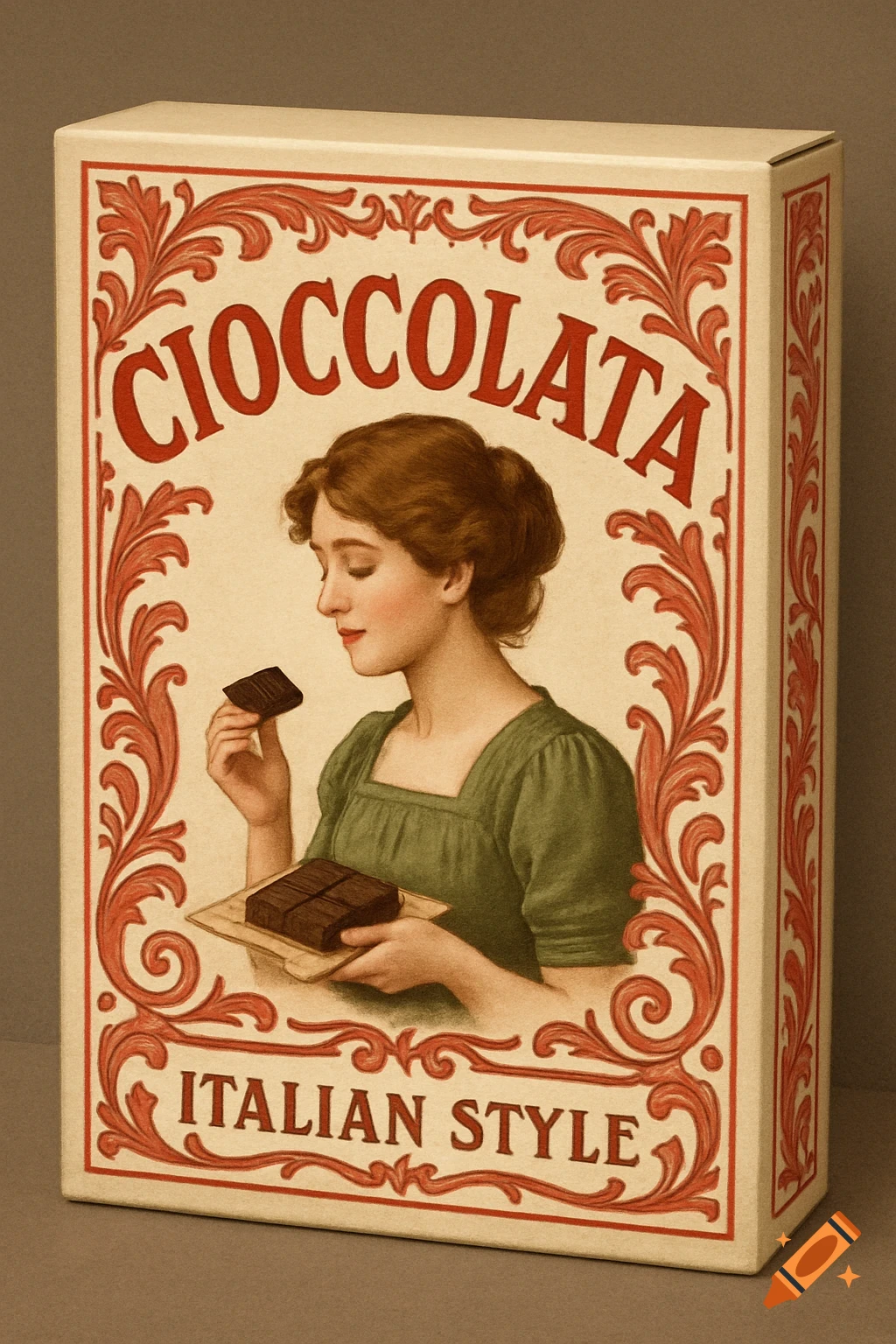 Vintage style chocolate packaging box with illustration of a woman holding chocolate. Text reads "CIOCCOLATA ITALIAN STYLE".