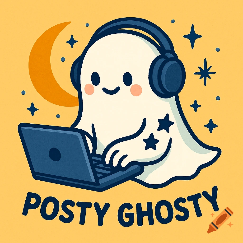 Cute cartoon ghost with headphones typing on a laptop, with a moon and stars in the background.