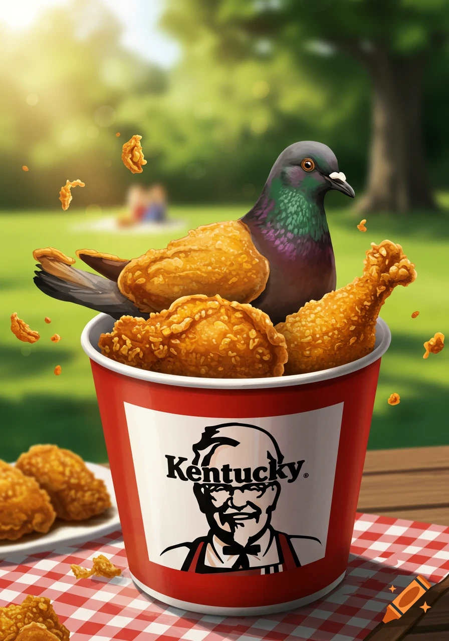 A pigeon sits in a red and white bucket of fried chicken in a park.