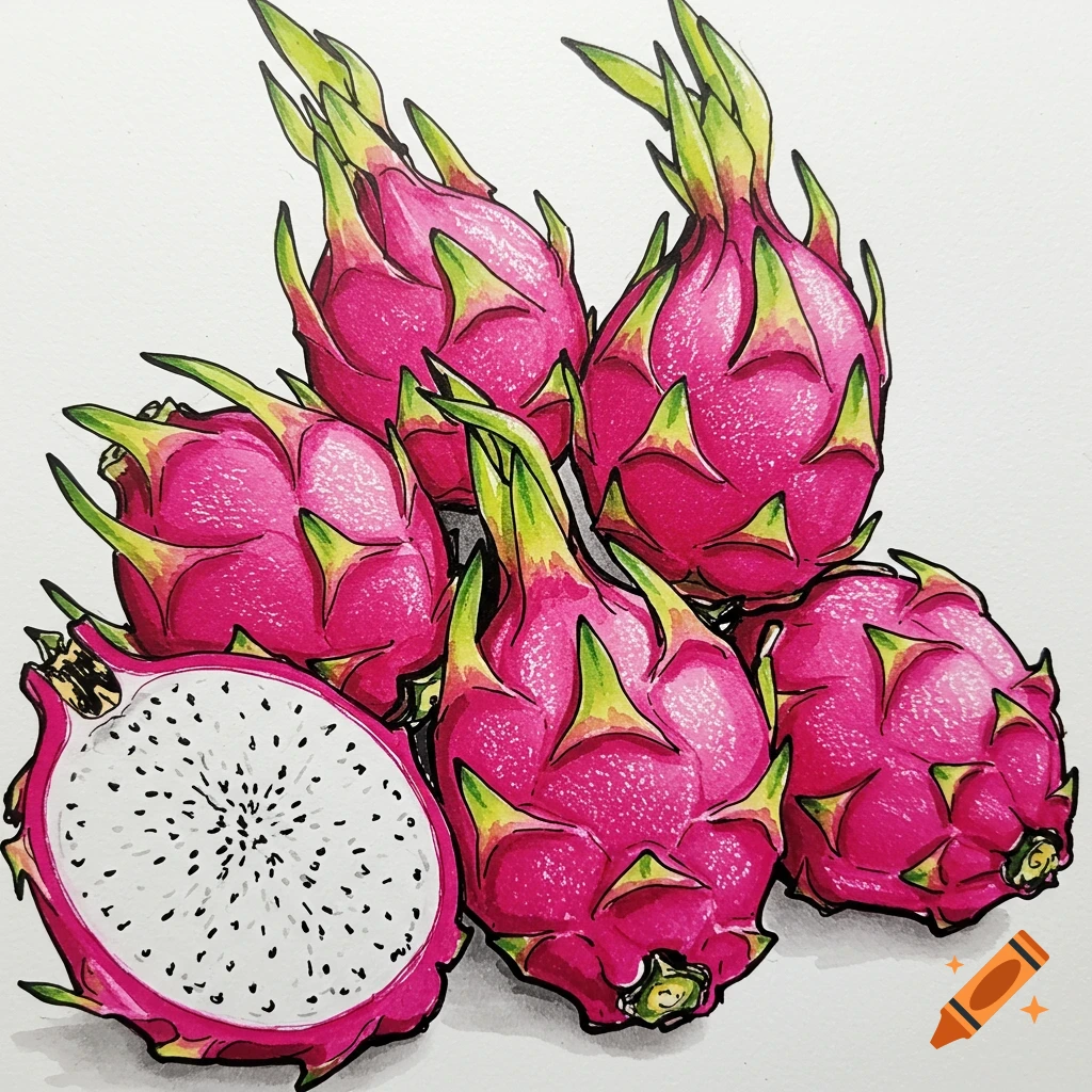 Sketch of several dragon fruits, including one cut in half.
