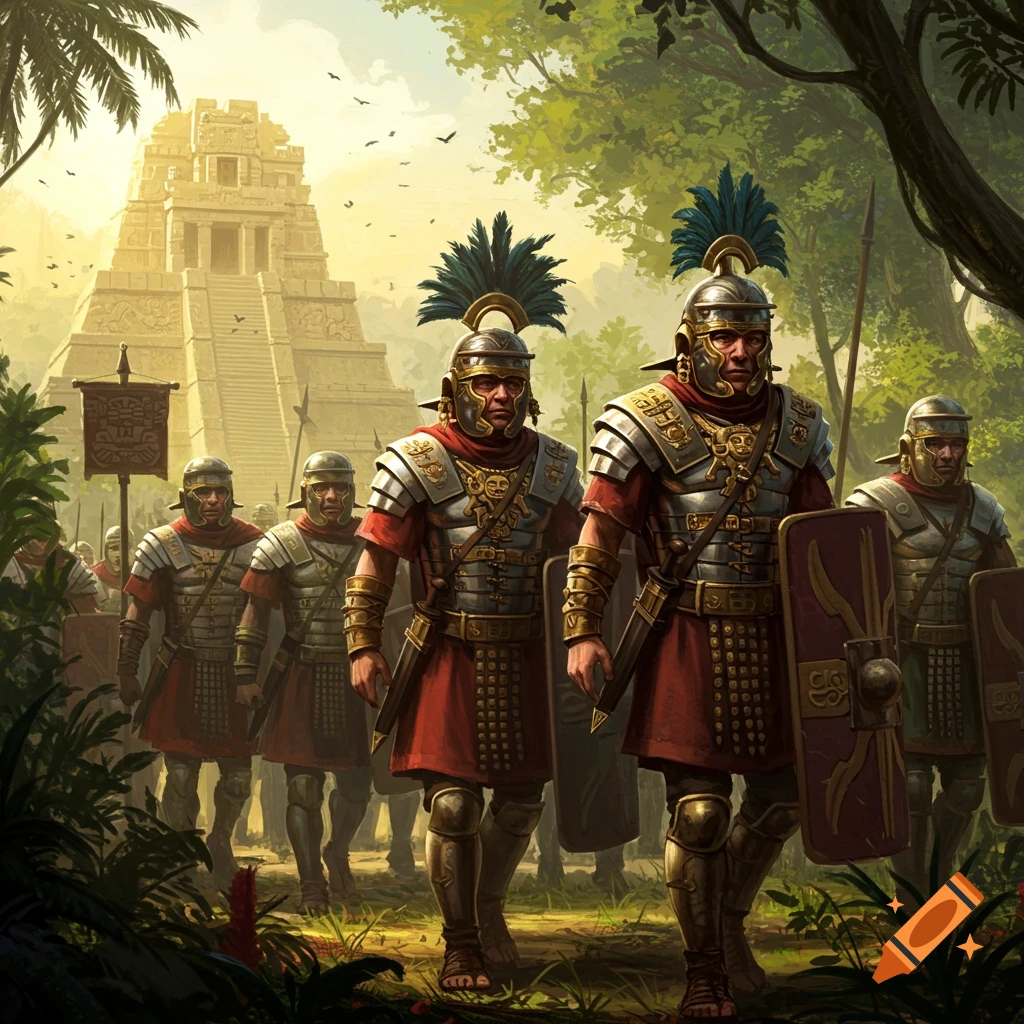 Roman soldiers marching through a jungle towards a pyramid temple