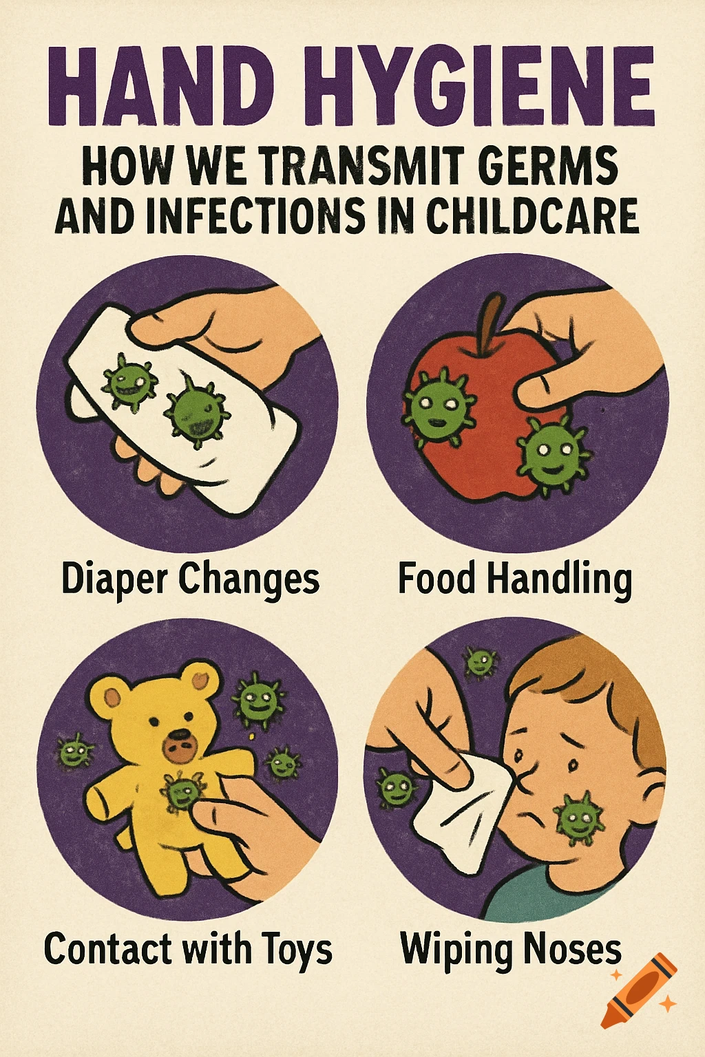 Poster illustrating hand hygiene and germ transmission in childcare with examples like diaper changes and toys.
