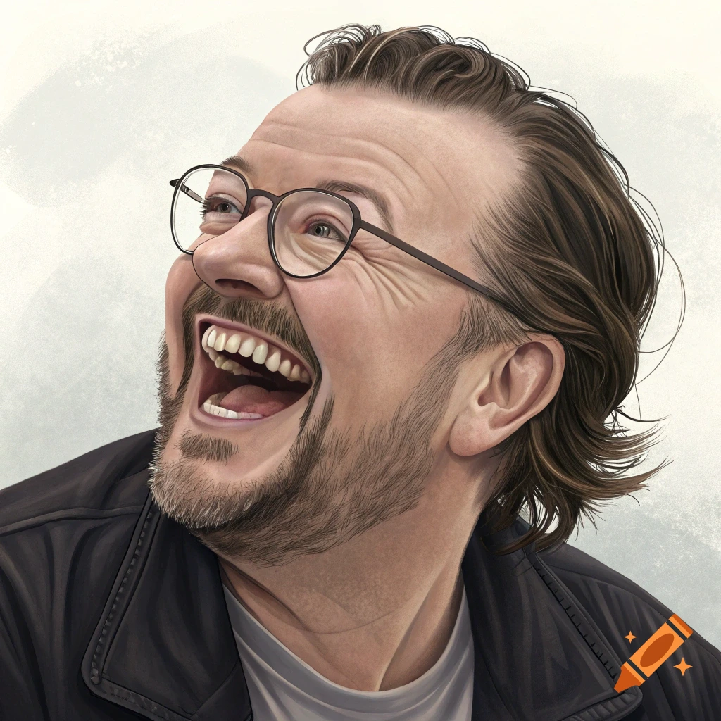 Illustration of comedian Ricky Gervais laughing.