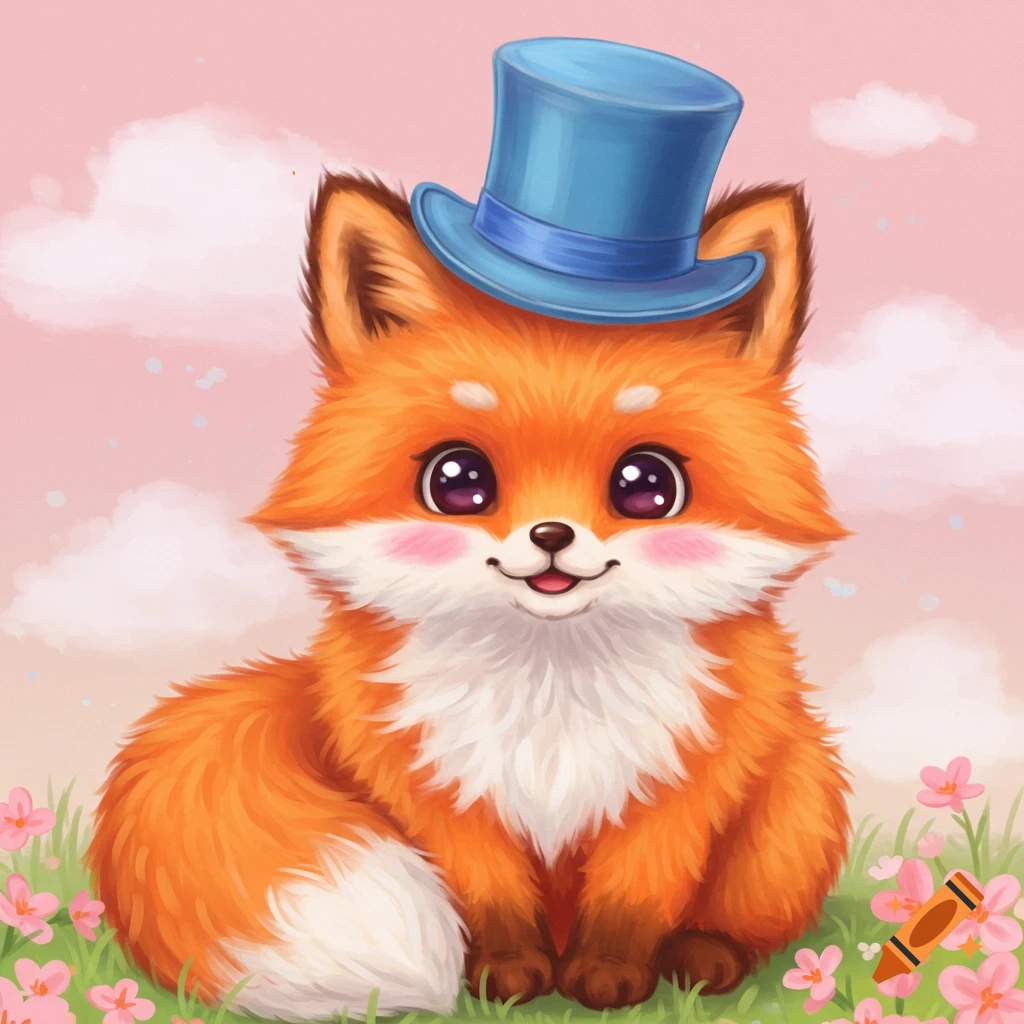 A cute cartoon fox wearing a blue top hat sits in a field of pink flowers under a cloudy pink sky.