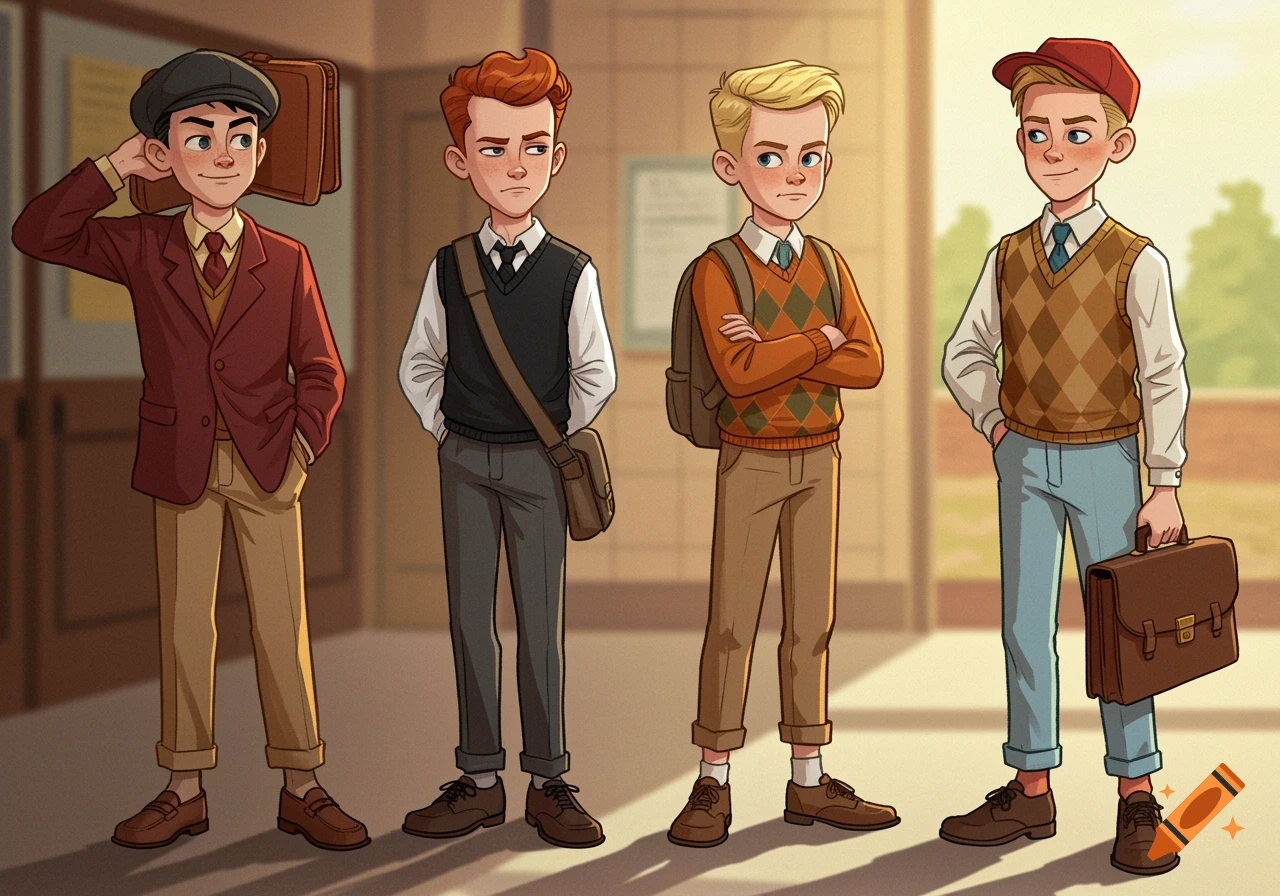 Four cartoon boys in vintage school attire stand in a hallway.