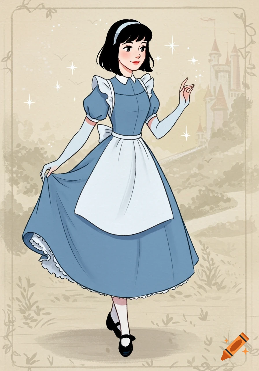 A drawing of a young woman with black hair in a blue dress and white apron with a castle in the background, illustration style.