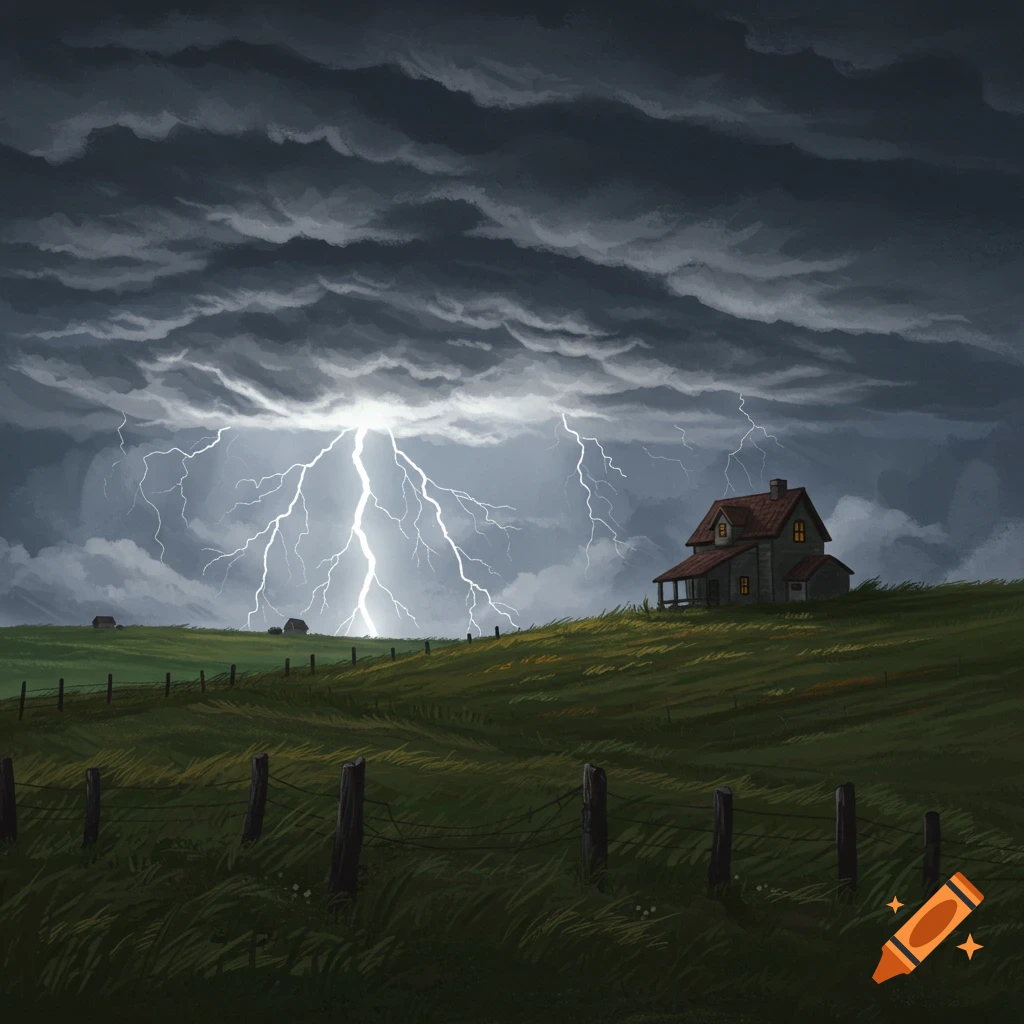 Illustration of a house on a hill during a thunderstorm with lightning ...